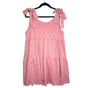 SPLA Eyelet Tie Shoulder Tiered Mini Dress Size Large Pink Cottagecore Easter